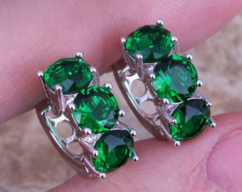 Simulated Emerald Green Huggie Hoop Silver Earrings
