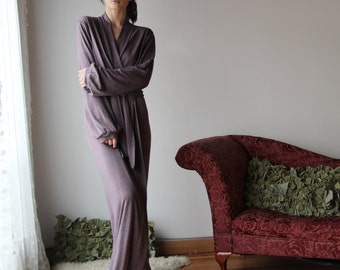 womens long robe with bishop sleeve and wrap closure - Ready to ship in size medium Tall - color prune