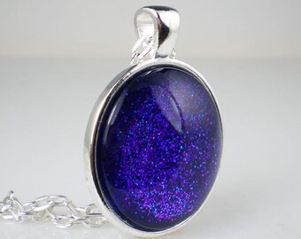 Handmade Glass Necklace Violet Blue Glitter Nail Polish Jewelry