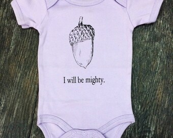 I Will Be Mighty Acorn - Woodland Screen Print Baby Onesie 3-6 Months - Limited Edition Purple Organic Cotton