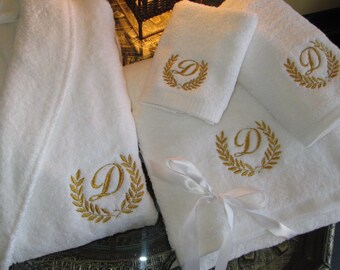 5* Wedding White Set - Bathrobe, Bath Towels with Gold Thread Personalized