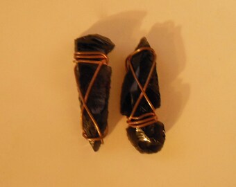Copper wrapped Arrowhead Buttons or Little Wands, 2 Black Arrowheads, Obsidian Glass, 2 Black Arrowhead Buttons wrapped in Copper, Natural