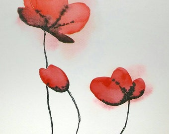 Red flowers. Original watercolor painting. Free shipping
