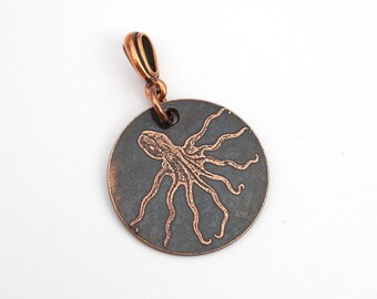 Round flat octopus pendant, etched and antiqued metal cephalopod jewelry, optional necklace, 25mm