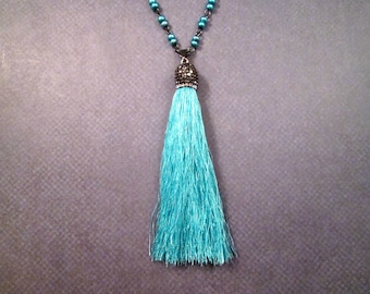 Aqua Tassel Necklace, Glass Beaded Chain, Pave Rhinestone Bead Cap, Gunmetal Silver Necklace, FREE Shipping U.S.