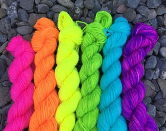 Rainbow Mini Skein Set, Sock Yarn Mini Skein Set of 6, Neon Mini Skein Set, Fluorescent Mini Skeins Set, 6 Mini Skeins, PK Yarn, PK Minis