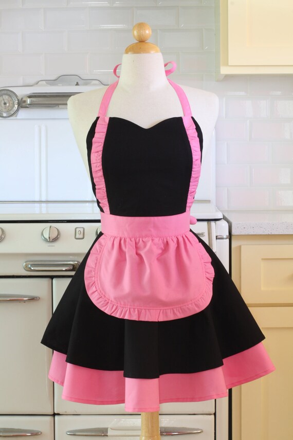 Apron French Maid Solid Black with Hot Pink Double Circle