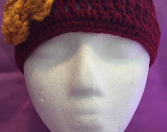 SALE! Girls Burgundy and Gold Crocheted Beanie with Flower and Button One Size Fits Most Ages 3-9 638G