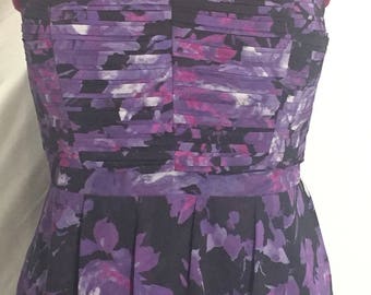 1990s strapless chiffon mini dress. Floral pattern in purple and black. Size 16