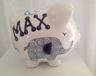 Personalized Large Elephant piggy Bank Navy Blue / Grey- 1st Birthday, Newborn, Baby Shower,Flower Girl, Ring Bearer,Christening Gift