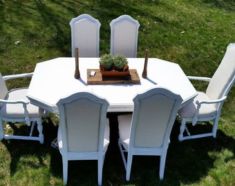 Refinished Vintage Farmhouse Style White Table and 6 Chairs, Shabby Chic White Table and 6 Chairs, French Provencal White Table and 6chairs