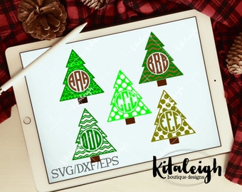Patterned Christmas Tree Monogram Frames .DXF, .SVG, .EPS Files for use with programs such as Silhouette Studio or Cricut Design Space