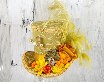 Gold, Yellow, and Orange Cameo and Flower Large Mini Top Hat Fascinator, Alice in Wonderland, Mad Hatter Tea Party, Derby