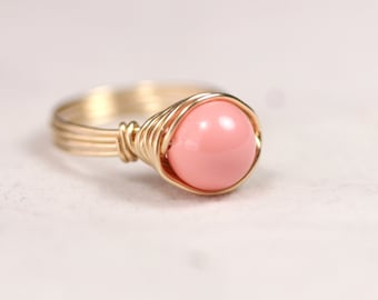 Gold Pink Coral Ring Wire Wrapped Jewelry Gold Ring Gold Jewelry Pink Ring Pink Coral Jewelry Swarovski Pearl Ring Swarovski Jewelry