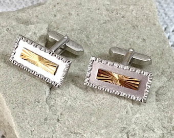 Silver with Gold Cufflinks Long Oblong Shapes with a Textured Frame Pattern Layered with a Cut Sun-ray Gilt Metal - Gift Boxed
