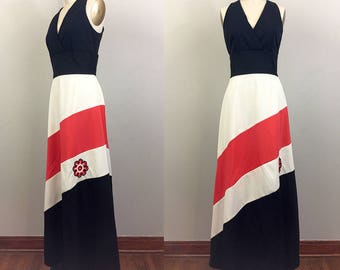 Vintage 70s STRIPE Maxi Dress Black Red White w/ Flower Embroidery M