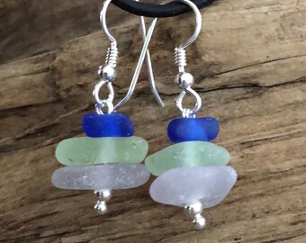 Sea glass jewelry- Purple, Lime green and Cobalt blue Sea glass earrings