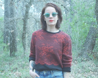 Vintage 90 s black flowers and Red pullover Large