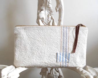 Large grain sack, stripe utility pouch - eco vintage fabrics