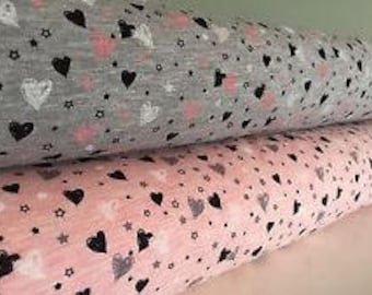 Heart print Cotton Mix Jersey Stretch Fabric **Baby Nursery Children** Pink or Grey