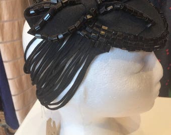 American 1930's Black Felt and Beaded Tilt Hat With Amazing Detail
