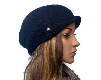 Black newsboy beanie hat . Crochet Brim hat beanie - Slouch beanie with brim , Newsboy hat with buttons