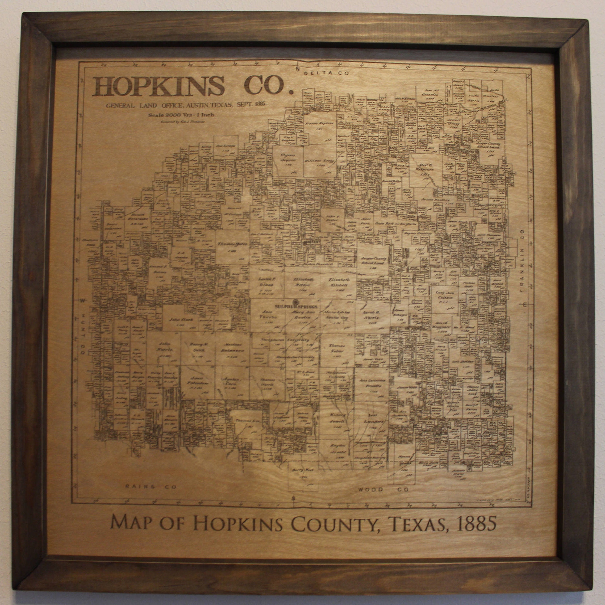 Historical map of Hopkins County Texas engraved on wood