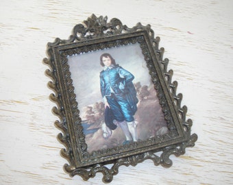 italian metal picture frame with picture - antiqued brass filigree wall hanging in blue gray tones - shabby cottage chic - hollywood regency