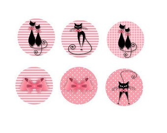 6 cabochons with black cat, 16mm
