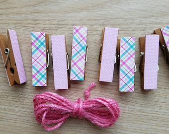 Preppy Easter Spring Plaid and Pink Polka Dots, Clips w Twine for Photo Display, Chunky Little Clothespin Clothesline Set of 12