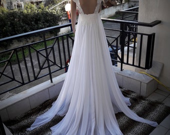 French Lace Love Cap Sleeved Wedding Dress Romantic Wedding Gown Bohemian Wedding Dress