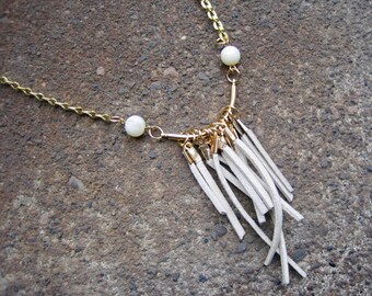 Eco-Friendly Statement Necklace - Fringe Elements - Recycled Vintage Goldtone Foldover Chain, Curved Bar, Off-White Suede Dangles & Beads