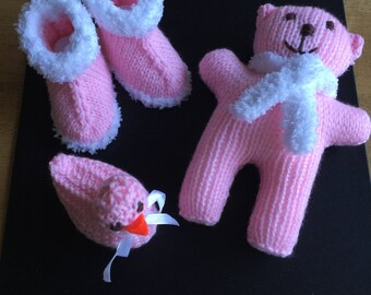 Booties,Teddy and Duck Hand Knitted