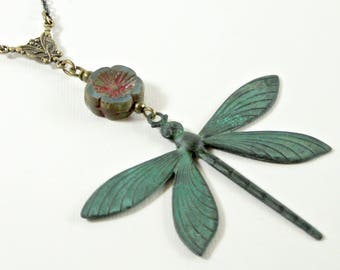 Large Dragonfly Necklace - Patina Dragonfly Necklace, Dragonfly Jewelry, Nature Jewelry, Verdigris Necklace, Patina Jewelry