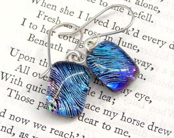 Rich Blue and Purple Dichroic Glass Dangle Earrings on 925 Sterling Silver Earwires, Fused Glass Jewellery, Art Glass Drop Earrings