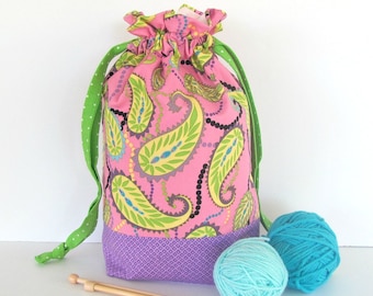 Drawstring knitting bag - Pink Yellow Paisley, medium knitting project bag, Baby shower gift bag Purple and Green Accents