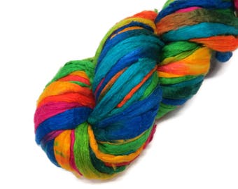 Hand-dyes Mulberry Silk roving, hand dyed (Rainbow)
