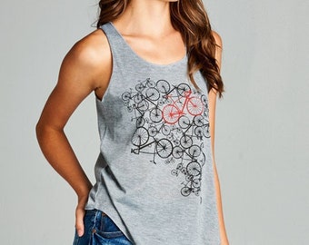 BICYCLES tank top, bikes shirt, women work out bike top, summer tank top, orange bike tank, racerback tank, small medium large, fun yoga top