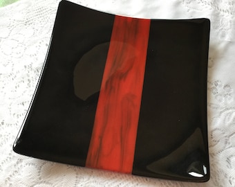 Fused Glass Plate, Red Black Art Glass Plate, Black Red Serving Dish