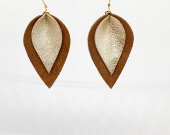 Leather teardrop earrings lightweight earrings metallic leather earrings tan and gold leather earrings leather leaf earrings leather drops
