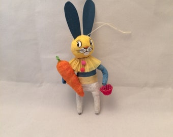 Spun Cotton Vintage style Bunny Rabbit with carrot feather tree ornament by Maria Paula