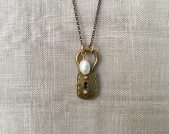 VIntage Brass Lock and Freshwater Pearl on Oxidized Sterling Silver Chain