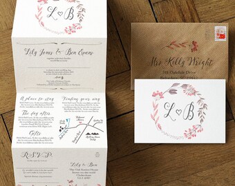Summer Meadow Concertina Wedding Invitation and Save the Date. Featuring a woodland wreath illustration. Rustic wedding invite. UK Australia