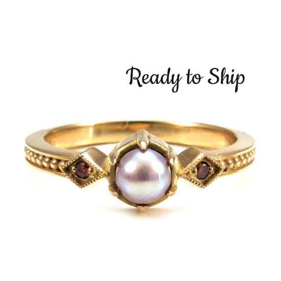 Ready to Ship Size 5 - 7 Pearl Engagement Ring - 18k Yellow Gold with Cognac Diamonds - Gothic Medieval Wedding