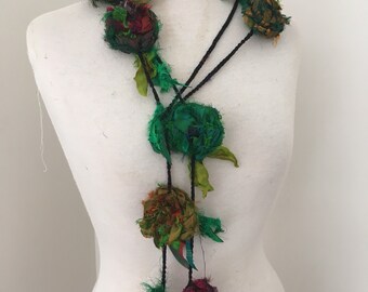 Silk flower necklace, Recycled silk rose garland, hand crocheted, boho floral necklace, rag rose necklace