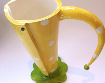 Sunny yellow ceramic polka dot vase, pitcher, whimsical fun summer decor for your yellow kitchen, Happy Home