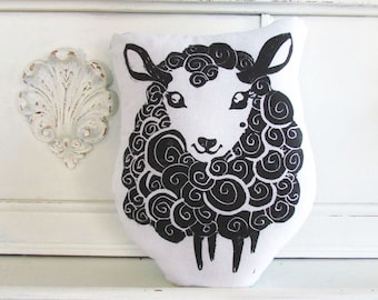 Sheep Shaped Animal Pillow. Hand Woodblock Printed. Choose Any Color. Made to Order.