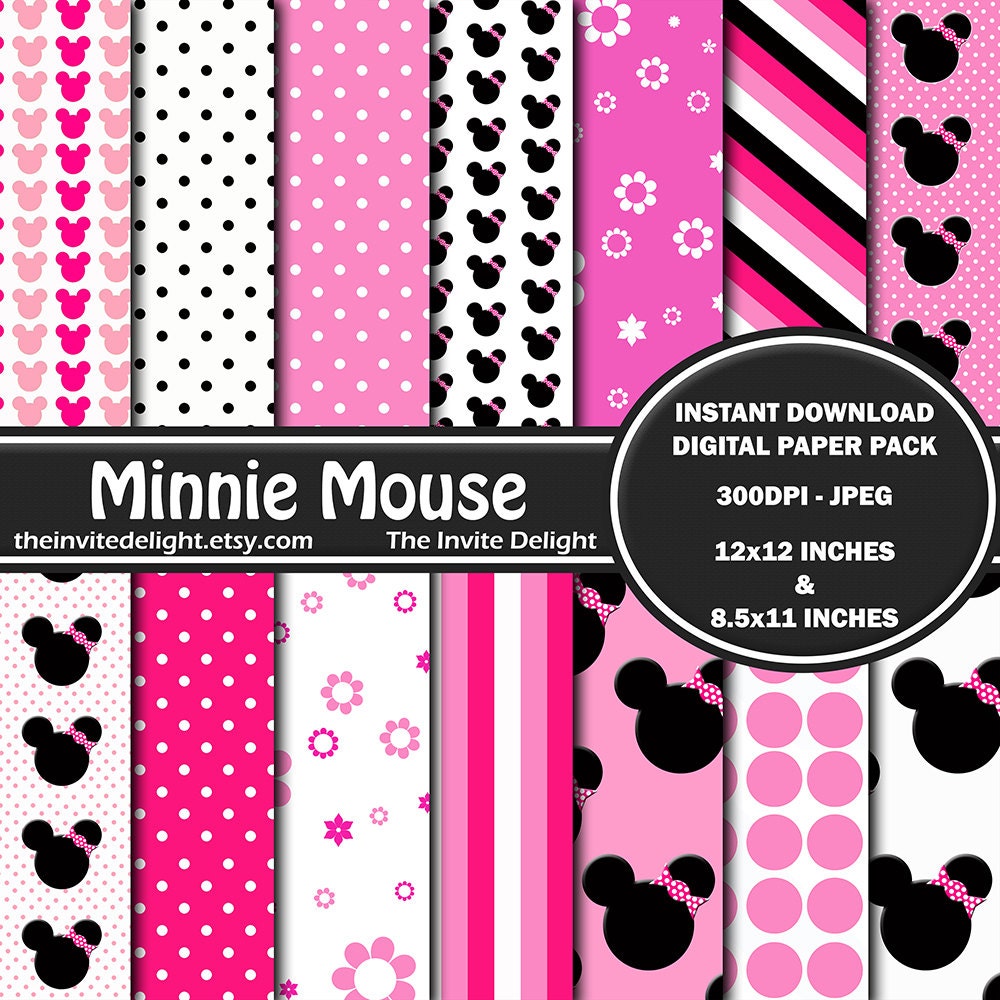 Minnie Mouse Digital Paper Pack, Pink Polka Dots, Minnie Mouse Heads ...