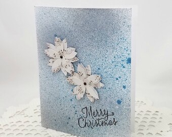 Blue Merry Christmas Card - Blue Distressed Card - Holiday Card - Musical Note Paper Flowers - Blue Christmas Card - Blank Card - Distressed