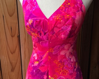 1960s Sa-Ne Hawaii Hot Pink and Purple Hawaiian Floral Maxi Halter Dress